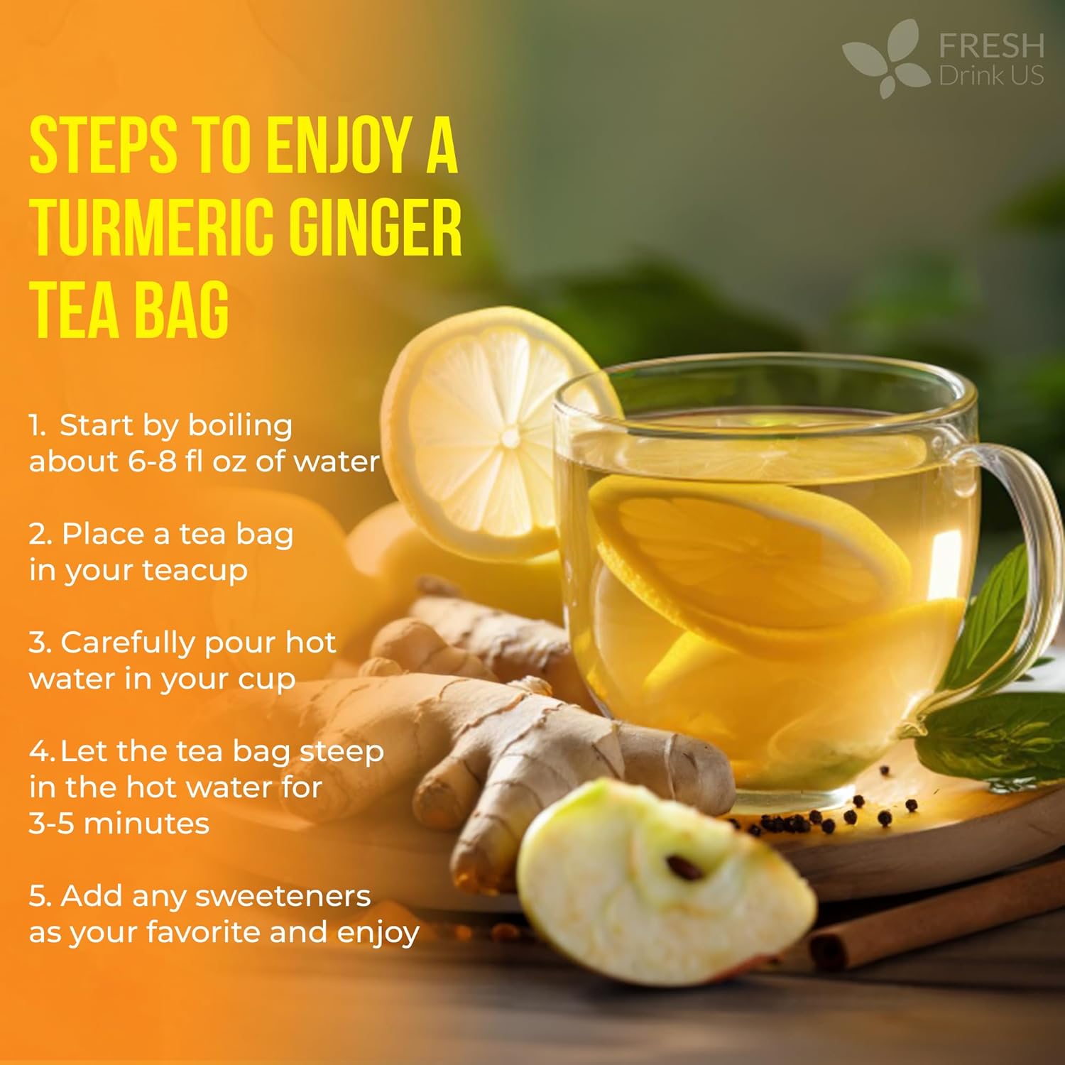 FreshDrinkUS, Premium 45 Ginger Turmeric Tea Bags, 100% Natural Ingredients, Hand-made Blend of Ginger and Turmeric Herbal Tea, Eco-conscious Tea Bags. No Sugar, No Caffeine, No Gluten, Vegan.