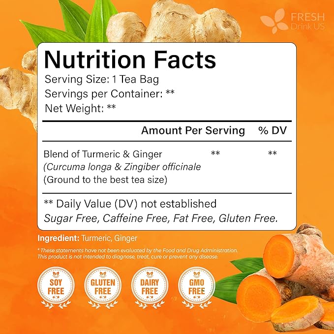 FreshDrinkUS, Premium 45 Ginger Turmeric Tea Bags, 100% Natural Ingredients, Hand-made Blend of Ginger and Turmeric Herbal Tea, Eco-conscious Tea Bags. No Sugar, No Caffeine, No Gluten, Vegan.
