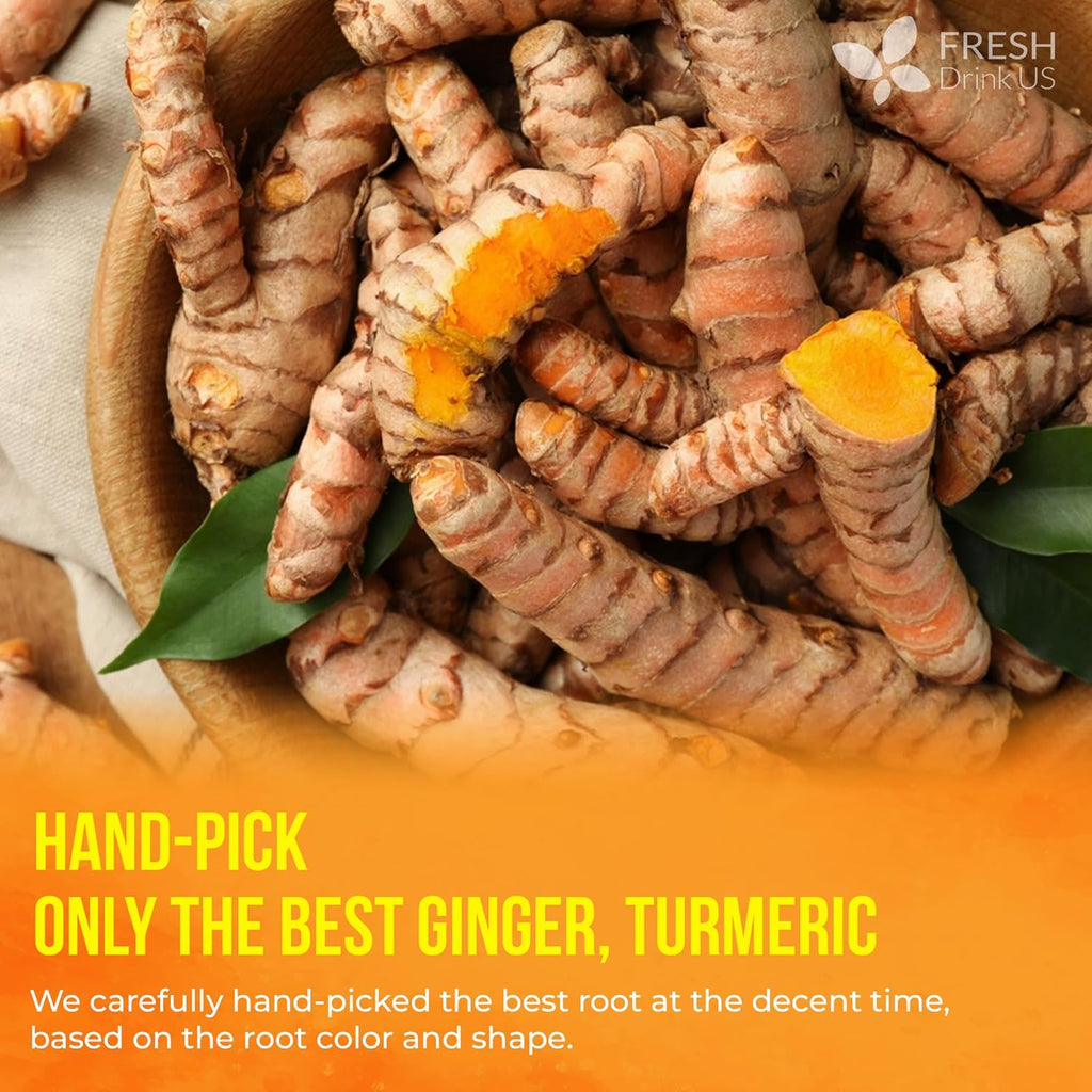 FreshDrinkUS, Premium 45 Ginger Turmeric Tea Bags, 100% Natural Ingredients, Hand-made Blend of Ginger and Turmeric Herbal Tea, Eco-conscious Tea Bags. No Sugar, No Caffeine, No Gluten, Vegan.
