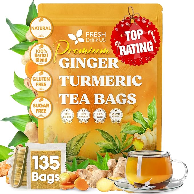 FreshDrinkUS, Premium 45 Ginger Turmeric Tea Bags, 100% Natural Ingredients, Hand-made Blend of Ginger and Turmeric Herbal Tea, Eco-conscious Tea Bags. No Sugar, No Caffeine, No Gluten, Vegan.